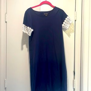 Lilly Pulitzer Navy Blue Asymmetrical Dress with White Lace Sleeves